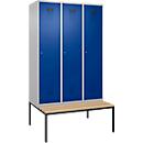Vestiaire C+P Evolo Plus, 3 compartiments, largeur des compartiments 400 mm, avec banc encastré, L 1200 x P 815 x H 2120 mm, cylindre, aluminium blanc/bleu gentiane
