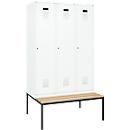 Vestiaire C+P Evolo Plus, 3 compartiments, largeur des compartiments 400 mm, avec banc encastré, L 1200 x P 815 x H 2120 mm, cylindre, blanc signalisation/blanc trafic