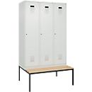 Vestiaire C+P Evolo Plus, 3 compartiments, largeur des compartiments 400 mm, avec banc encastré, L 1200 x P 815 x H 2120 mm, cylindre, gris clair/gris clair