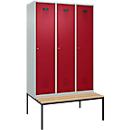 Vestiaire C+P Evolo Plus, 3 compartiments, largeur des compartiments 400 mm, avec banc encastré, L 1200 x P 815 x H 2120 mm, cylindre, gris clair/rouge rubis