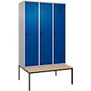 Vestiaire C+P Evolo Plus, 3 compartiments, largeur des compartiments 400 mm, avec banc encastré, L 1200 x P 815 x H 2120 mm, loquet rotatif, blanc aluminium/bleu gentiane