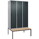 Vestiaire C+P Evolo Plus, 3 compartiments, largeur des compartiments 400 mm, avec banc encastré, L 1200 x P 815 x H 2120 mm, verrou rotatif, blanc aluminium/gris anthracite