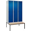 Vestiaire C+P Evolo Plus, 3 compartiments, largeur des compartiments 400 mm, avec banc encastré, L 1200 x P 815 x H 2120 mm, verrou rotatif, gris clair/bleu gentiane