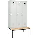 Vestiaire C+P Evolo Plus, 3 compartiments, largeur des compartiments 400 mm, avec banc encastré, L 1200 x P 815 x H 2120 mm, verrou rotatif, gris clair/gris clair