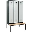 Vestiaire C+P Evolo Plus, 3 compartiments, largeur des compartiments 400 mm, avec banquette encastrée, L 1200 x P 815 x H 2120 mm, cylindre, gris anthracite/gris clair