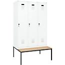 Vestiaire C+P Evolo Plus, 3 compartiments, largeur des compartiments 400 mm, avec banquette encastrée, L 1200 x P 815 x H 2120 mm, verrou rotatif, blanc signalisation/blanc trafic