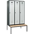 Vestiaire C+P Evolo Plus, 3 compartiments, largeur des compartiments 400 mm, avec banquette encastrée, L 1200 x P 815 x H 2120 mm, verrou rotatif, gris anthracite/gris clair