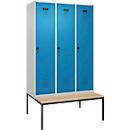 Vestiaire C+P Evolo Plus, 3 compartiments, largeur des compartiments 400 mm, avec banquette encastrée, L 1200 x P 815 x H 2120 mm, verrou rotatif, gris clair/bleu clair