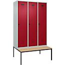 Vestiaire C+P Evolo Plus, 3 compartiments, largeur des compartiments 400 mm, avec banquette encastrée, L 1200 x P 815 x H 2120 mm, verrou rotatif, gris clair/rouge rubis