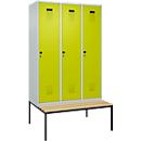 Vestiaire C+P Evolo Plus, 3 compartiments, largeur des compartiments 400 mm, avec banquette encastrée, L 1200 x P 815 x H 2120 mm, verrou rotatif, gris clair/vert clown
