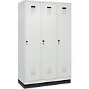 Vestiaire C+P Evolo Plus, 3 compartiments, largeur des compartiments 400 mm, avec socle, charnières à droite, L 1200 x P 500 x H 1950 mm, verrou rotatif, gris clair/gris clair
