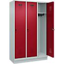 Vestiaire C+P Evolo Plus, 3 compartiments, largeur des compartiments 400 mm, avec socle, charnières à droite, L 1200 x P 500 x H 1950 mm, verrou rotatif, gris clair/rouge rubis