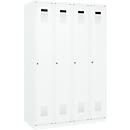 Vestiaire C+P Evolo Plus, 4 compartiments, charnières à droite, serrure à cylindre, butée soft, L 1200 x P 500 x H 1850 mm, blanc signalisation/blanc trafic