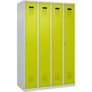 Vestiaire C+P Evolo Plus, 4 compartiments, charnières à droite, serrure à cylindre, butée soft, L 1200 x P 500 x H 1850 mm, gris clair/vert clown