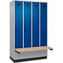 Vestiaire C+P Evolo Plus, 4 compartiments de 300 mm de large, socle, banc flottant, L 1200 x P 815 x H 1950 mm, loquet rotatif, blanc aluminium/bleu gentiane