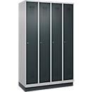 Vestiaire C+P Evolo Plus, 4 compartiments, largeur des compartiments 300 mm, avec socle, charnières à droite, L 1200 x P 500 x H 1950 mm, cylindre, aluminium blanc/gris anthracite