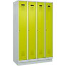 Vestiaire C+P Evolo Plus, 4 compartiments, largeur des compartiments 300 mm, avec socle, charnières à droite, L 1200 x P 500 x H 1950 mm, cylindre, gris clair/vert clown