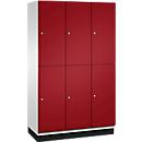 Vestiaire Cambio C+P à deux étages, 3 compartiments, 6 casiers, avec socle, L 1200 x P 525 x H 1980 mm, gris clair/rouge rubis