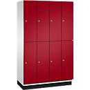 Vestiaire Cambio C+P à deux étages, 4 compartiments, 8 casiers, avec socle, L 1200 x P 525 x H 1980 mm, gris clair/rouge rubis