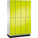Vestiaire Cambio C+P à deux étages, 4 compartiments, 8 casiers, avec socle, L 1200 x P 525 x H 1980 mm, gris clair/vert clown