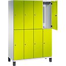 Vestiaire Cambio C+P à deux étages, 4 compartiments, 8 casiers, sur pieds, L 1200 x P 525 x H 1980 mm, gris clair/vert clown