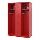 Vestiaire de pompiers C+P Evolo Maxi, 4 compartiments pour 2 personnes, avec porte-casque, patins de sol, L 1300 x P 500 x H 1850 mm, RAL 3000 rouge feu