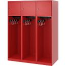 Vestiaire de pompiers C+P Evolo Youngster, 3 compartiments, sans porte-casque, patins au sol, L 1200 x P 500 x H 1530 mm, RAL 3000 rouge feu