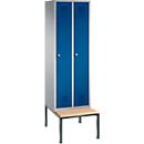 Vestiaire Evolo S 3000, acier, avec banc intégré, 2 compartiments, l. 300 mm chacun, serrure à cylindre, alu blanc RAL 9006/bleu gentiane RAL 5010