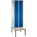 Vestiaire Evolo S 3000, acier, avec banc intégré, 2 compartiments, l. 300 mm chacun, serrure à cylindre, gris clair RAL 7035/bleu gentiane RAL 5010