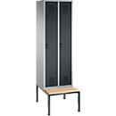 Vestiaire Evolo S 3000, acier, avec banc intégré, 2 compartiments, l. 300 mm chacun, serrure de sécurité à came batteuse, alu blanc RAL 9006/anthracite RAL 7016