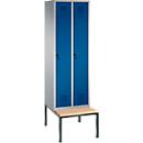 Vestiaire Evolo S 3000, acier, avec banc intégré, 2 compartiments, l. 300 mm chacun, serrure de sécurité à came batteuse, alu blanc RAL 9006/bleu gentiane RAL 5010