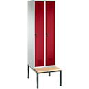 Vestiaire Evolo S 3000, acier, avec banc intégré, 2 compartiments, l. 300 mm chacun, serrure de sécurité à came batteuse, gris clair RAL 7035/rouge rubis RAL 3003