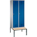 Vestiaire Evolo S 3000, acier, avec banc intégré, 2 compartiments, l. 400 mm chacun, serrure à cylindre, alu blanc RAL 9006/bleu gentiane RAL 5010