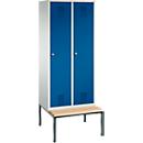Vestiaire Evolo S 3000, acier, avec banc intégré, 2 compartiments, l. 400 mm chacun, serrure à cylindre, gris clair RAL 7035/bleu gentiane RAL 5010
