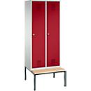 Vestiaire Evolo S 3000, acier, avec banc intégré, 2 compartiments, l. 400 mm chacun, serrure à cylindre, gris clair RAL 7035/rouge rubis RAL 3003