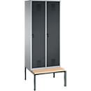 Vestiaire Evolo S 3000, acier, avec banc intégré, 2 compartiments, l. 400 mm chacun, serrure de sécurité à came batteuse, alu blanc RAL 9006/anthracite RAL 7016