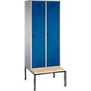 Vestiaire Evolo S 3000, acier, avec banc intégré, 2 compartiments, l. 400 mm chacun, serrure de sécurité à came batteuse, alu blanc RAL 9006/bleu gentiane RAL 5010