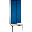 Vestiaire Evolo S 3000, acier, avec banc intégré, 2 compartiments, l. 400 mm chacun, serrure de sécurité à came batteuse, gris clair RAL 7035/bleu gentiane RAL 5010
