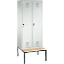 Vestiaire Evolo S 3000, acier, avec banc intégré, 2 compartiments, l. 400 mm chacun, serrure de sécurité à came batteuse, gris clair RAL 7035/gris clair RAL 7035