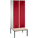 Vestiaire Evolo S 3000, acier, avec banc intégré, 2 compartiments, l. 400 mm chacun, serrure de sécurité à came batteuse, gris clair RAL 7035/rouge rubis RAL 3003