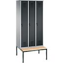 Vestiaire Evolo S 3000, acier, avec banc intégré, 3 compartiments, l. 300 mm chacun, serrure de sécurité à came batteuse, alu blanc RAL 9006/anthracite RAL 7016