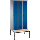 Vestiaire Evolo S 3000, acier, avec banc intégré, 3 compartiments, l. 300 mm chacun, serrure de sécurité à came batteuse, alu blanc RAL 9006/bleu gentiane RAL 5010