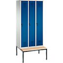 Vestiaire Evolo S 3000, acier, avec banc intégré, 3 compartiments, l. 300 mm chacun, serrure de sécurité à came batteuse, gris clair RAL 7035/bleu gentiane RAL 5010