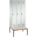 Vestiaire Evolo S 3000, acier, avec banc intégré, 3 compartiments, l. 300 mm chacun, serrure de sécurité à came batteuse, gris clair RAL 7035/gris clair RAL 7035