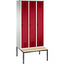 Vestiaire Evolo S 3000, acier, avec banc intégré, 3 compartiments, l. 300 mm chacun, serrure de sécurité à came batteuse, gris clair RAL 7035/rouge rubis RAL 3003