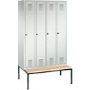 Vestiaire Evolo S 3000, acier, avec banc intégré, 4 compartiments, l. 300 mm chacun, serrure à cylindre, gris clair RAL 7035/gris clair RAL 7035