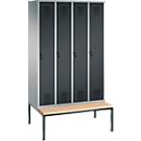 Vestiaire Evolo S 3000, acier, avec banc intégré, 4 compartiments, l. 300 mm chacun, serrure de sécurité à came batteuse, alu blanc RAL 9006/anthracite RAL 7016