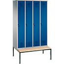 Vestiaire Evolo S 3000, acier, avec banc intégré, 4 compartiments, l. 300 mm chacun, serrure de sécurité à came batteuse, alu blanc RAL 9006/bleu gentiane RAL 5010