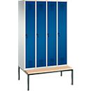 Vestiaire Evolo S 3000, acier, avec banc intégré, 4 compartiments, l. 300 mm chacun, serrure de sécurité à came batteuse, gris clair RAL 7035/bleu gentiane RAL 5010