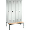 Vestiaire Evolo S 3000, acier, avec banc intégré, 4 compartiments, l. 300 mm chacun, serrure de sécurité à came batteuse, gris clair RAL 7035/gris clair RAL 7035